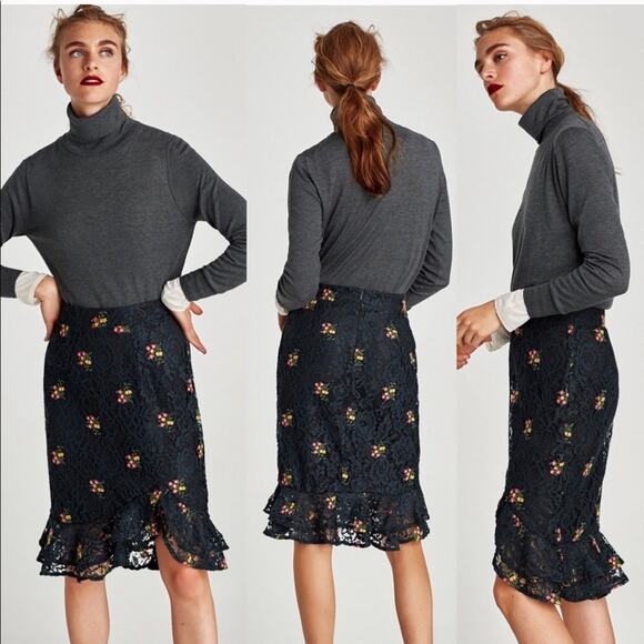 ZARA Embroidered Ruffle Hem Lace Modest Pencil Skirt Black - Picture 4 of 7